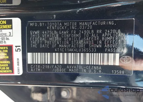 2020 Toyota Camry Le from USA, damaged, VIN 4T1C11AK4LU365533